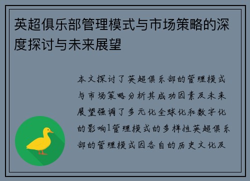 英超俱乐部管理模式与市场策略的深度探讨与未来展望