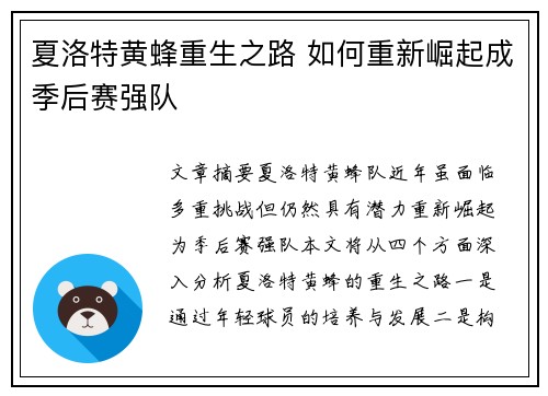 夏洛特黄蜂重生之路 如何重新崛起成季后赛强队